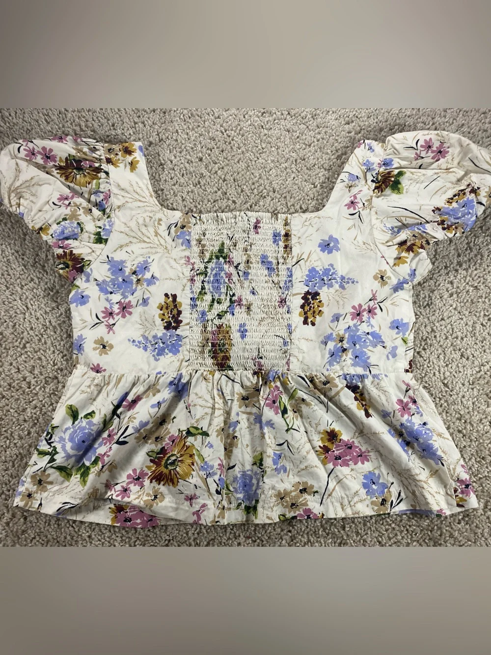 Anthropologie Small Puff Sleeve Peplum Top Cream Floral Square-Neck